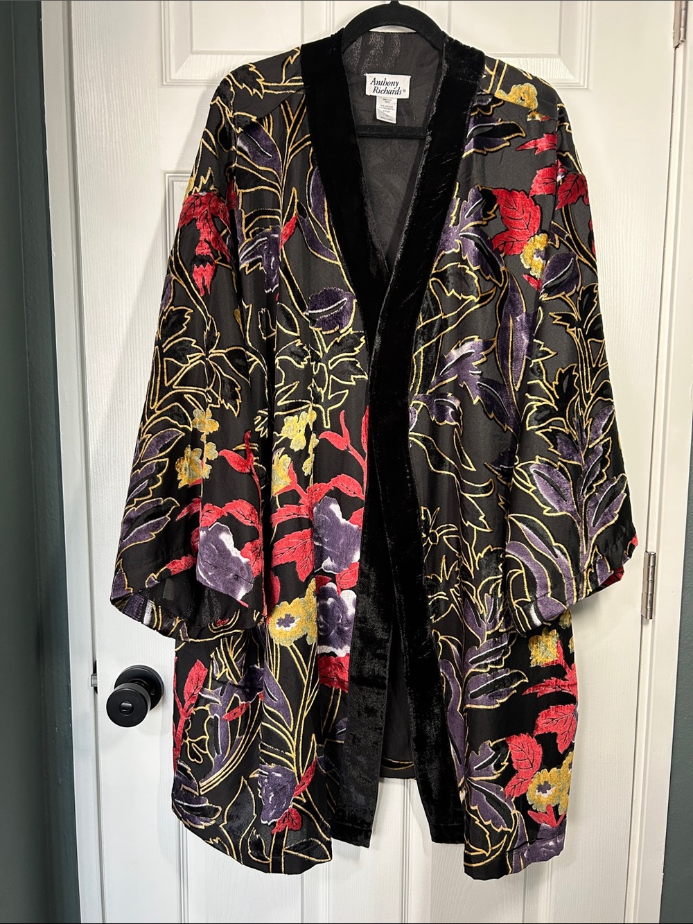 Anthony Richards Black Floral Velvet-Trim Kimono